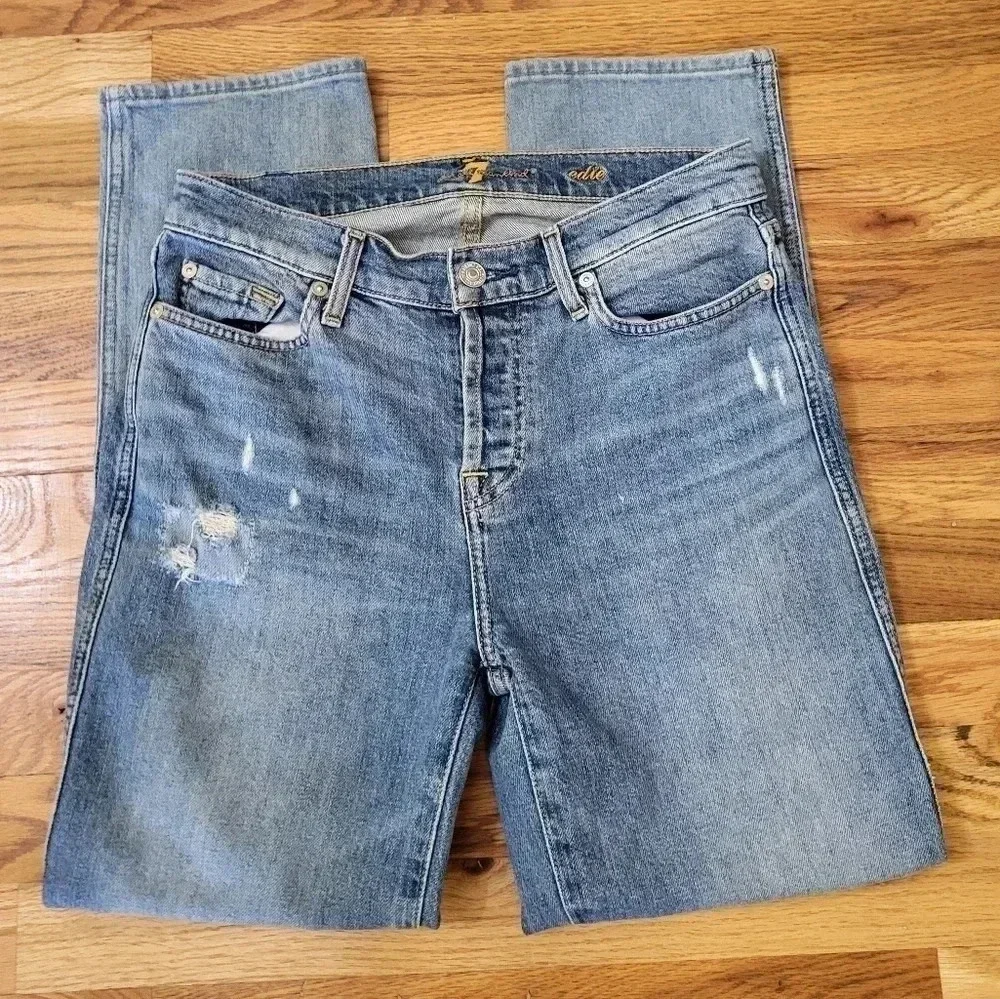 7 For All Mankind Edie Highrise Patchwork Slightly Distressed Straight Jeans(26)